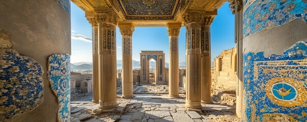 The ruins of an ancient Persian palace with grand columns and colorful tile mosaics partially restored