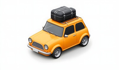 Orange car travel luggage roof rack white background, holiday vacation