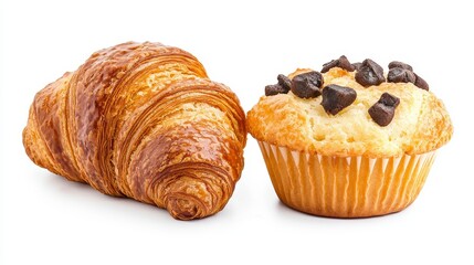 Freshly Baked Croissant and Muffin with Chocolate Chips on White Background