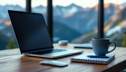 Serene workspace with laptop and coffee overlooking mountain view at sunset
