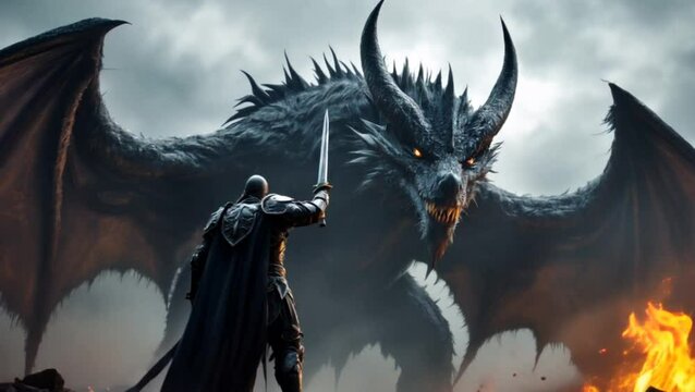 Armored knight confronting dark dragon under stormy sky with fire. Fantasy concept