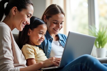Fototapeta premium A Heartwarming Moment: A Mother and Daughter Bonding While Using a Laptop Together in Their Cozy Living Room, Embracing Technology and Family Interaction