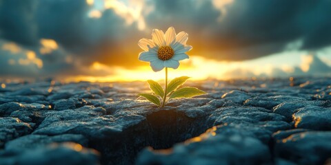 Resilience: A single flower blooming against a cracked earth backdrop, bathed in the golden light of a setting sun, symbolizes hope, strength, and perseverance amidst adversity.