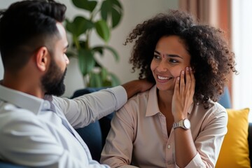 Naklejka premium Engaged Conversation Between a Smiling Woman with Curly Hair and a Man with a Beard, Captured in a Cozy Living Room Setting with Natural Light
