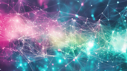 Abstract digital background with glowing connections and polygonal mesh lines in teal, purple, and pink colors