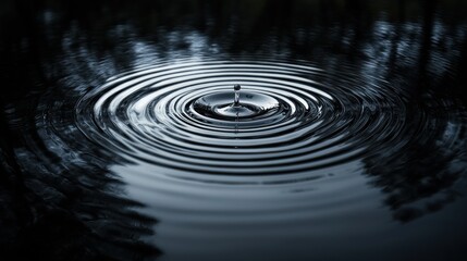 Close-up of a water droplet creating ripples in a dark, reflective surface surrounded by nature