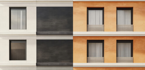 Fototapeta premium Unique architectural design featuring contrasting colors and window styles on a modern building
