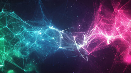 Abstract digital background with glowing connections and polygonal mesh lines in teal, purple, and pink colors