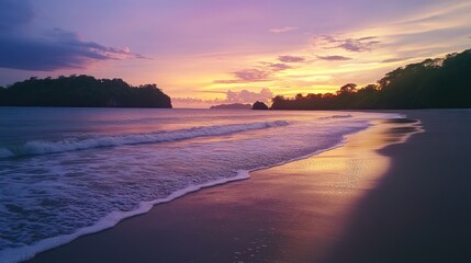 Obraz premium Serene beach at sunset with gentle waves and vibrant colors reflecting on the sand.