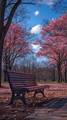Spring park bench under cherry blossoms