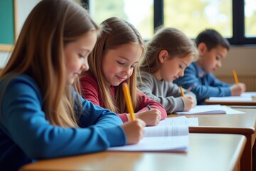 Obraz premium A Group of Young Students Engaged in Writing and Learning at a Classroom Desk with Natural Light Streaming In Through the Windows