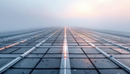Futuristic solar panel array in morning mist with subtle sunlight reflection