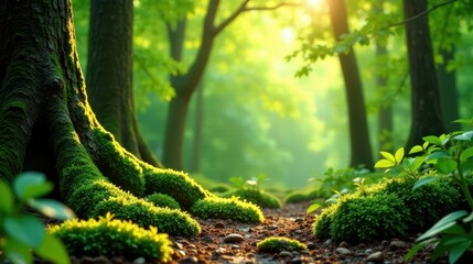 Obraz premium Golden sunlight filters through the verdant canopy, illuminating a tranquil forest path carpeted with vibrant moss and stones