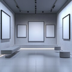 Elegant exhibition space with soft lighting, blank frames, and minimalistic d?(C)cor, perfect for corporate art shows and displays