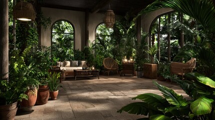 Lush indoor garden space with cozy seating, surrounded by tropical plants and natural light