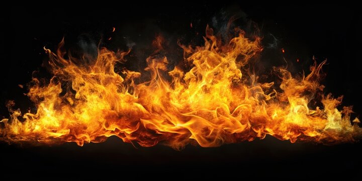 A burst of fire crackling over a dark canvas, flames dancing in every direction , blaze, black background