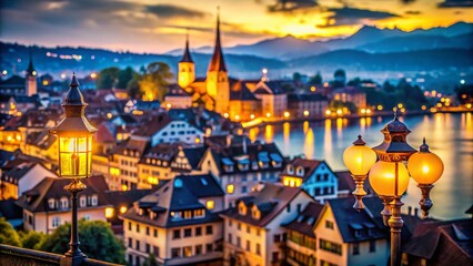 Zug Switzerland Cityscape Night Bokeh Lights