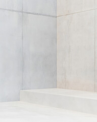 Modern minimalist architecture features concrete walls and steps in bright, spacious environment