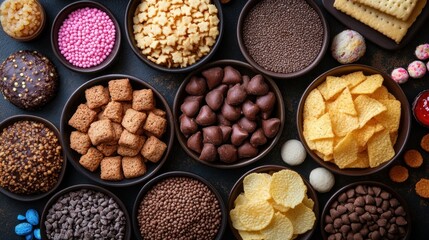 Sweet & savory snacks overhead; baking, food, dessert, sprinkles, chips, chocolate
