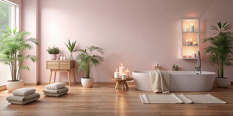 Soothing ambiance of a peaceful spa room with calming elements on a soft pink background