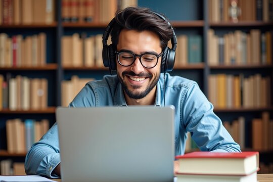 Young man in glasses smiling while studying online with a laptop in a cozy library filled with books and a relaxed atmosphere, wearing headphones for better concentration. - Powered by Adobe