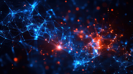 Obraz premium Abstract technological background with glowing network connections and nodes in blue and orange colors