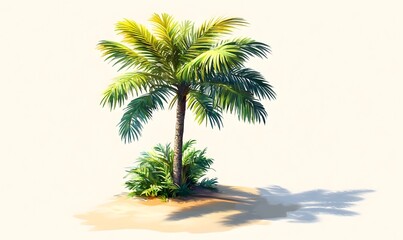 Obraz premium Tropical palm tree on a sandy island, sunny day, travel poster