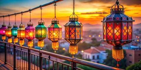 Obraz premium Colorful Diwali lanterns hung from a balcony at sunset, traditional lights, hindu festival