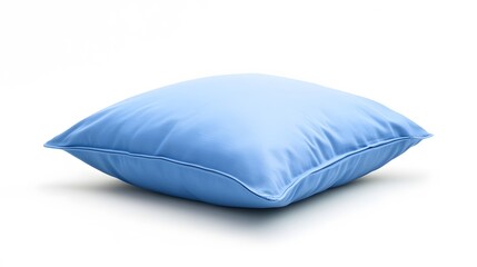 A soft blue pillow, isolated against a white background