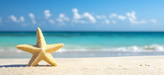 Fototapeta na wymiar Tranquil Starfish on Serene Tropical Beach with Pristine Ocean View