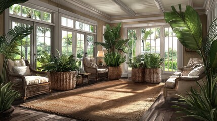 Bright and airy living room filled with lush plants, showcasing natural light and comfort