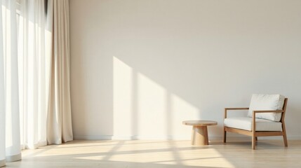 Serene Minimalist Room Interior Design Featuring a Light Wood Armchair and Side Table, Bathed in Soft Sunlight Streaming Through Sheer Curtains