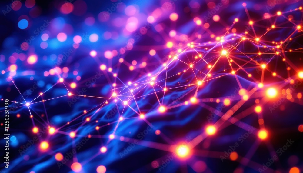 Poster colorful abstract network with glowing nodes and lines in a dark background