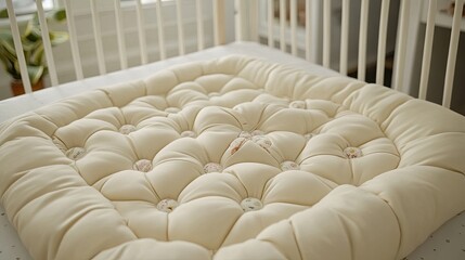 Obraz premium A close-up of soft, yellow organic cotton baby bedding in a crib.
