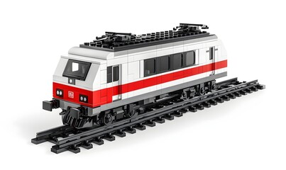 Obraz premium White and red toy train on tracks, studio shot, for children's toy catalogs
