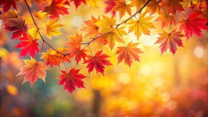 Soft focus on a maple branch with red and yellow leaves against an autumn natural background