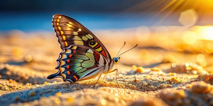 A butterfly Prepona Laerte perches on a sandy beach, its colorful wings glistening in the sunlight as it surveys its surroundings with gentle elegance , prepona laerte, beauty