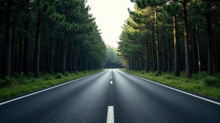 Fototapeta premium Asphalt lane lined with tall trees, extending towards a bright horizon, a scenic drive through a dense forest