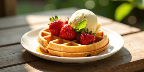 Golden Waffle Delight Sweet Treat with Vanilla Ice Cream and Fresh Strawberries on a Wooden Table