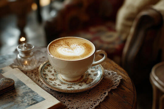 Coffee cup and open book on table, morning light streams in through window, creating a cozy reading nook.