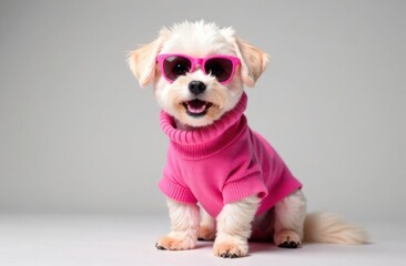 Bichon Frize breed dog wearing a pink coat, jacket, sweater and pink headphones, wearing pink sunglasses, monochrome blue background, commercial photography, advertising poster
