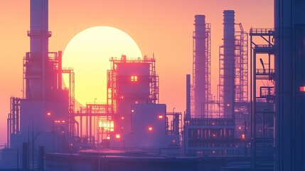 Twilight view of a modern gas power plant with glowing facilities and towering stacks against a fading sunset.
