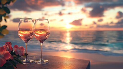 Two glasses of ros wine on a table overlooking a serene ocean sunset, creating a romantic and peaceful beach scene.