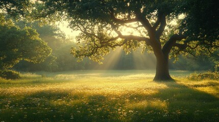 Obraz premium Sunlit Meadow with Ancient Oak Tree at Dawn