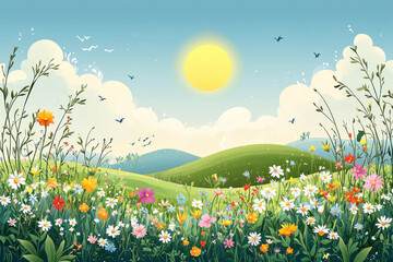 Obraz premium Sunny meadow with wildflowers, rolling hills, and blue sky. Ideal for nature backgrounds