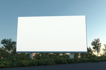 Fototapeta premium Large rectangular white blank billboard displayed outdoors against a clear blue sky, perfect for promotions.