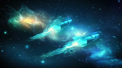 Futuristic Space Travel: Rockets Soaring Through a Nebula of Stars