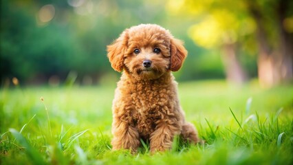 Fototapeta premium A playful red toy poodle puppy sits on lush green grass with a few blades of grass surrounding its furry body , outdoor scene, happy puppy