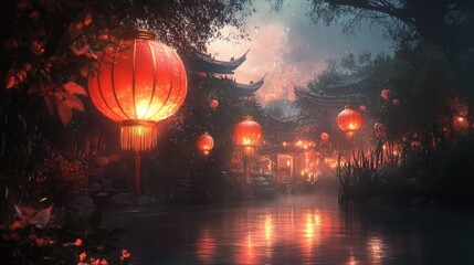 Warm red lanterns glowing in a calm, dark setting, evoking the serenity and celebration of Chinese New Year.
