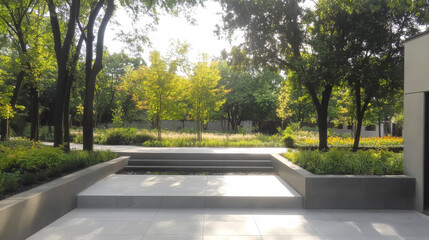 Fototapeta premium Serene landscape with modern architecture and lush greenery in city park setting